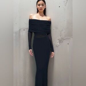 Overfold Off-Shoulder Mesh Long Sleeve Long Dress